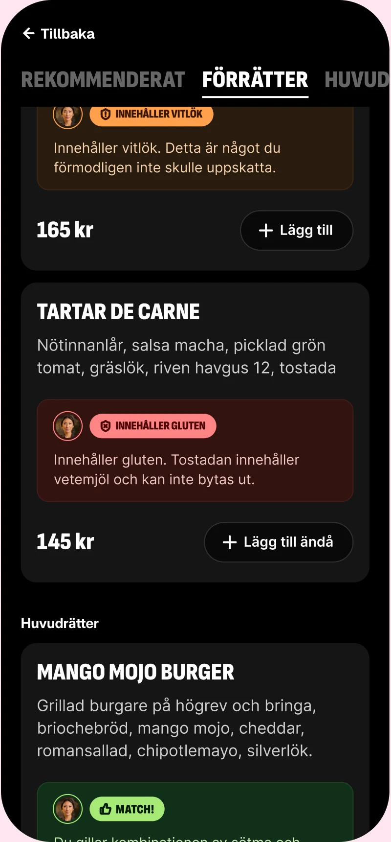 Flavas meny visar personliga matchningar och allergener.
