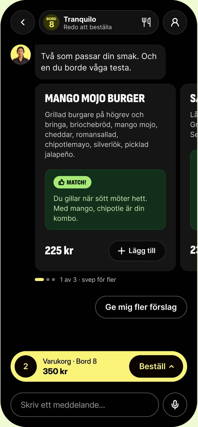 Flava föreslår Mango Mojo Burger och låter dig beställa direkt.